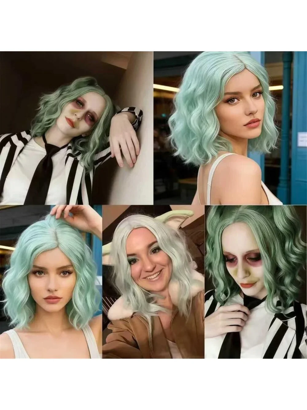 Women's Fluorescent Green Wavy Curly Bob Heat Resistant Cosplay Halloween Wig